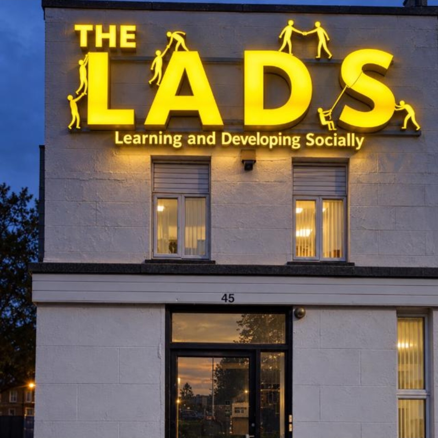 Design mockup of bright yellow LADS lettering and figures on the building